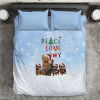 Yorkshire Terrier Dog Christmas Bedding Set with Peace Love Joy Quote and Santa Hat Puppies in Snowy Winter Scene - Wonder Print Shop