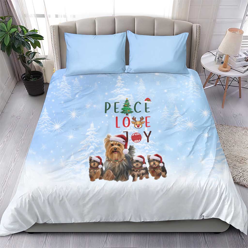Yorkshire Terrier Dog Christmas Bedding Set with Peace Love Joy Quote and Santa Hat Puppies in Snowy Winter Scene - Wonder Print Shop