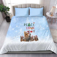 Yorkshire Terrier Dog Christmas Bedding Set with Peace Love Joy Quote and Santa Hat Puppies in Snowy Winter Scene - Wonder Print Shop