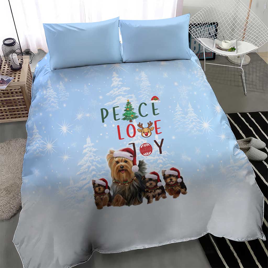 Yorkshire Terrier Dog Christmas Bedding Set with Peace Love Joy Quote and Santa Hat Puppies in Snowy Winter Scene - Wonder Print Shop