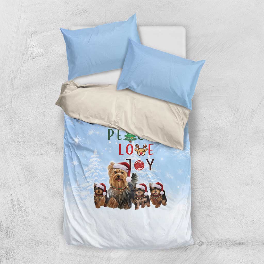Yorkshire Terrier Dog Christmas Bedding Set with Peace Love Joy Quote and Santa Hat Puppies in Snowy Winter Scene - Wonder Print Shop