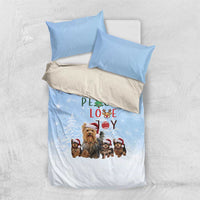 Yorkshire Terrier Dog Christmas Bedding Set with Peace Love Joy Quote and Santa Hat Puppies in Snowy Winter Scene - Wonder Print Shop