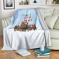Yorkshire Terrier Dog Christmas Blanket with Peace Love Joy Quote and Santa Hat Puppies in Snowy Winter Scene - Wonder Print Shop