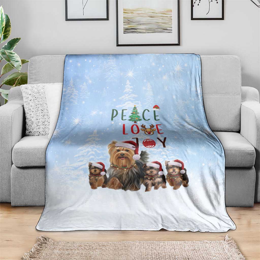 Yorkshire Terrier Dog Christmas Blanket with Peace Love Joy Quote and Santa Hat Puppies in Snowy Winter Scene - Wonder Print Shop