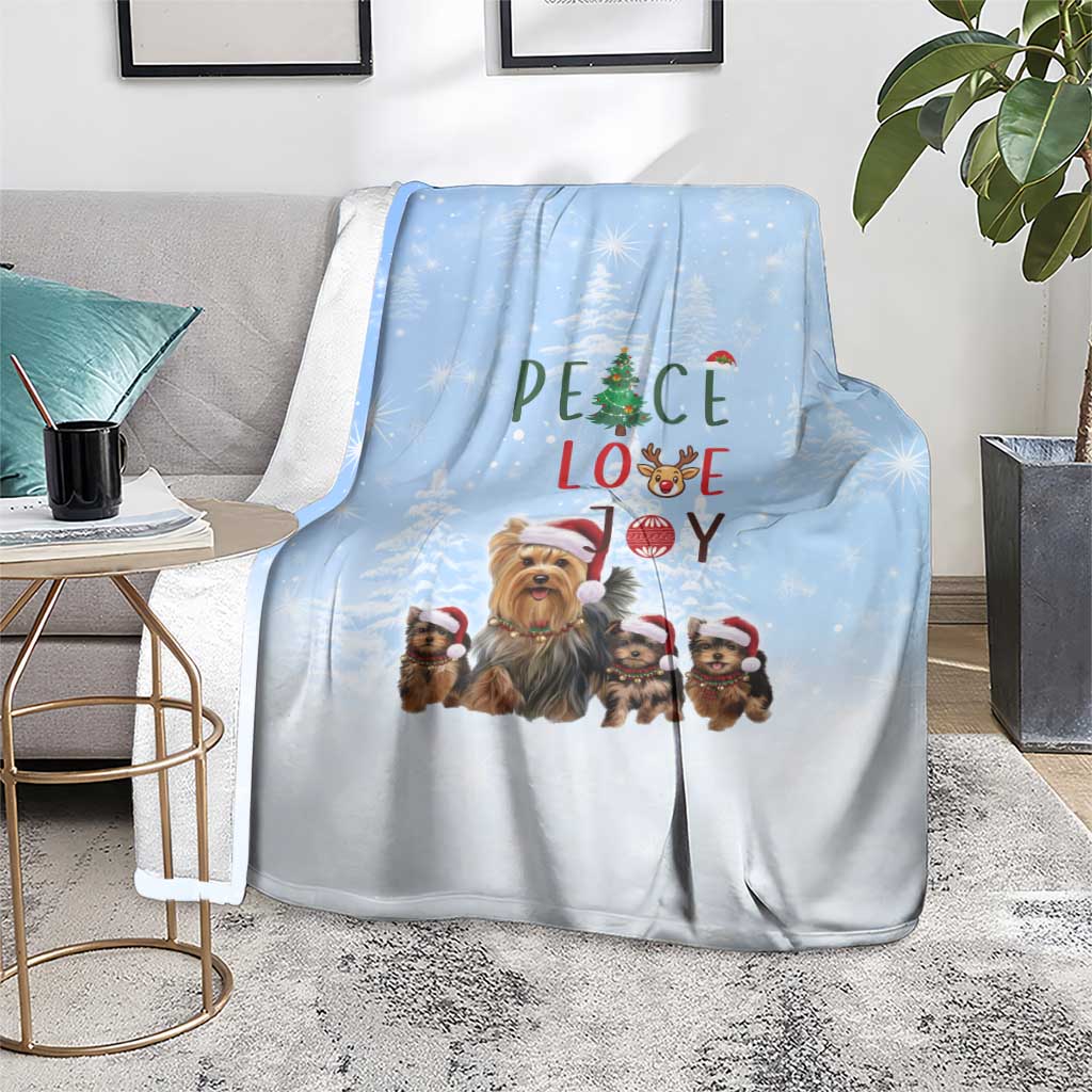 Yorkshire Terrier Dog Christmas Blanket with Peace Love Joy Quote and Santa Hat Puppies in Snowy Winter Scene - Wonder Print Shop