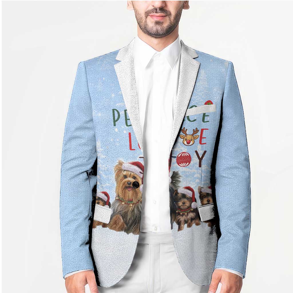 Yorkshire Terrier Dog Christmas Blazer with Peace Love Joy Quote and Santa Hat Puppies in Snowy Winter Scene - Wonder Print Shop