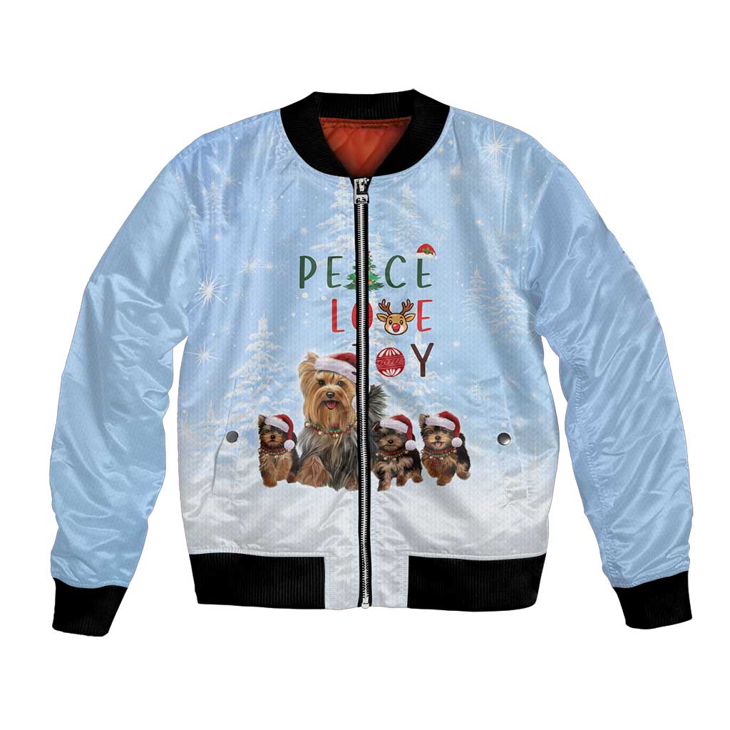 Yorkshire Terrier Dog Christmas Bomber Jacket with Peace Love Joy Quote and Santa Hat Puppies in Snowy Winter Scene - Wonder Print Shop