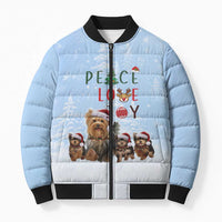 Yorkshire Terrier Dog Christmas Bomber Puffer Jacket with Peace Love Joy Quote and Santa Hat Puppies in Snowy Winter Scene - Wonder Print Shop
