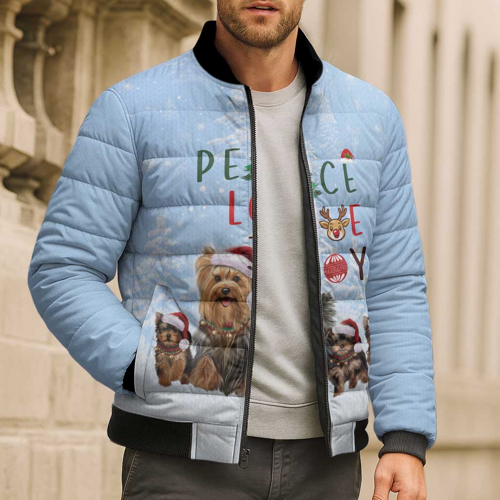 Yorkshire Terrier Dog Christmas Bomber Puffer Jacket with Peace Love Joy Quote and Santa Hat Puppies in Snowy Winter Scene - Wonder Print Shop