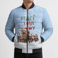 Yorkshire Terrier Dog Christmas Bomber Puffer Jacket with Peace Love Joy Quote and Santa Hat Puppies in Snowy Winter Scene - Wonder Print Shop