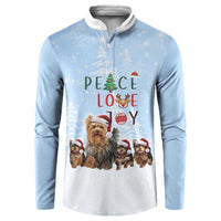 Yorkshire Terrier Dog Christmas Button Sweatshirt with Peace Love Joy Quote and Santa Hat Puppies in Snowy Winter Scene - Wonder Print Shop