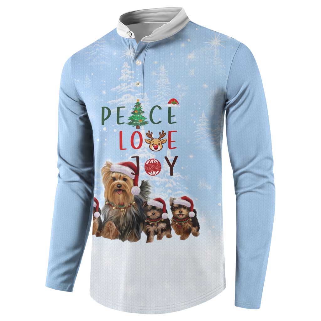 Yorkshire Terrier Dog Christmas Button Sweatshirt with Peace Love Joy Quote and Santa Hat Puppies in Snowy Winter Scene - Wonder Print Shop