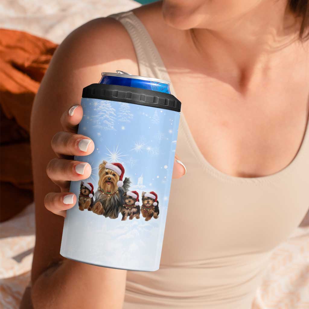 Yorkshire Terrier Dog Christmas 4 in 1 Can Cooler Tumbler with Peace Love Joy Quote and Santa Hat Puppies in Snowy Winter Scene - Wonder Print Shop
