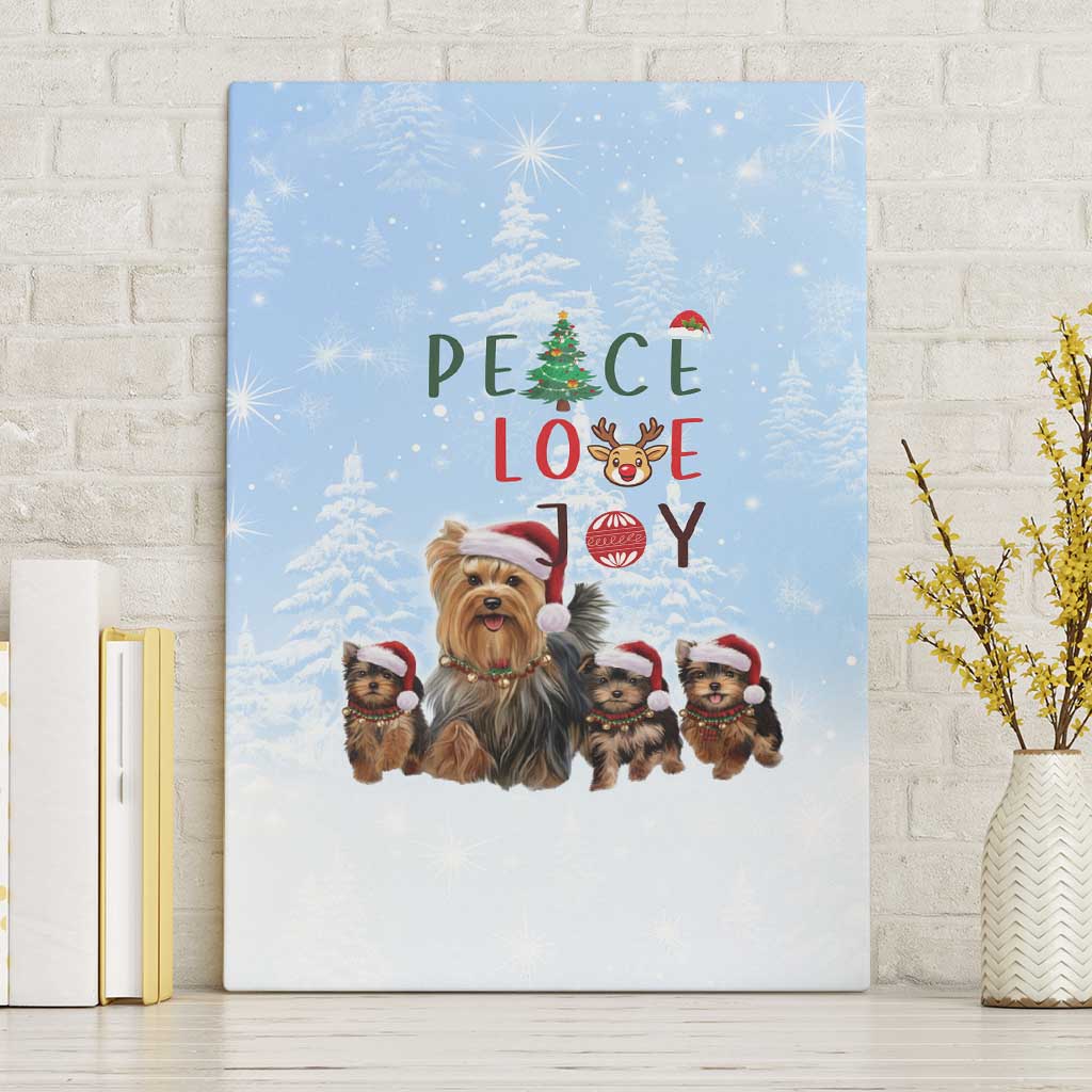 Yorkshire Terrier Dog Christmas Canvas Wall Art with Peace Love Joy Quote and Santa Hat Puppies in Snowy Winter Scene - Wonder Print Shop