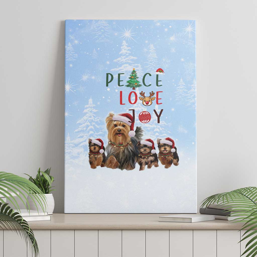 Yorkshire Terrier Dog Christmas Canvas Wall Art with Peace Love Joy Quote and Santa Hat Puppies in Snowy Winter Scene - Wonder Print Shop
