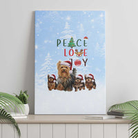 Yorkshire Terrier Dog Christmas Canvas Wall Art with Peace Love Joy Quote and Santa Hat Puppies in Snowy Winter Scene - Wonder Print Shop