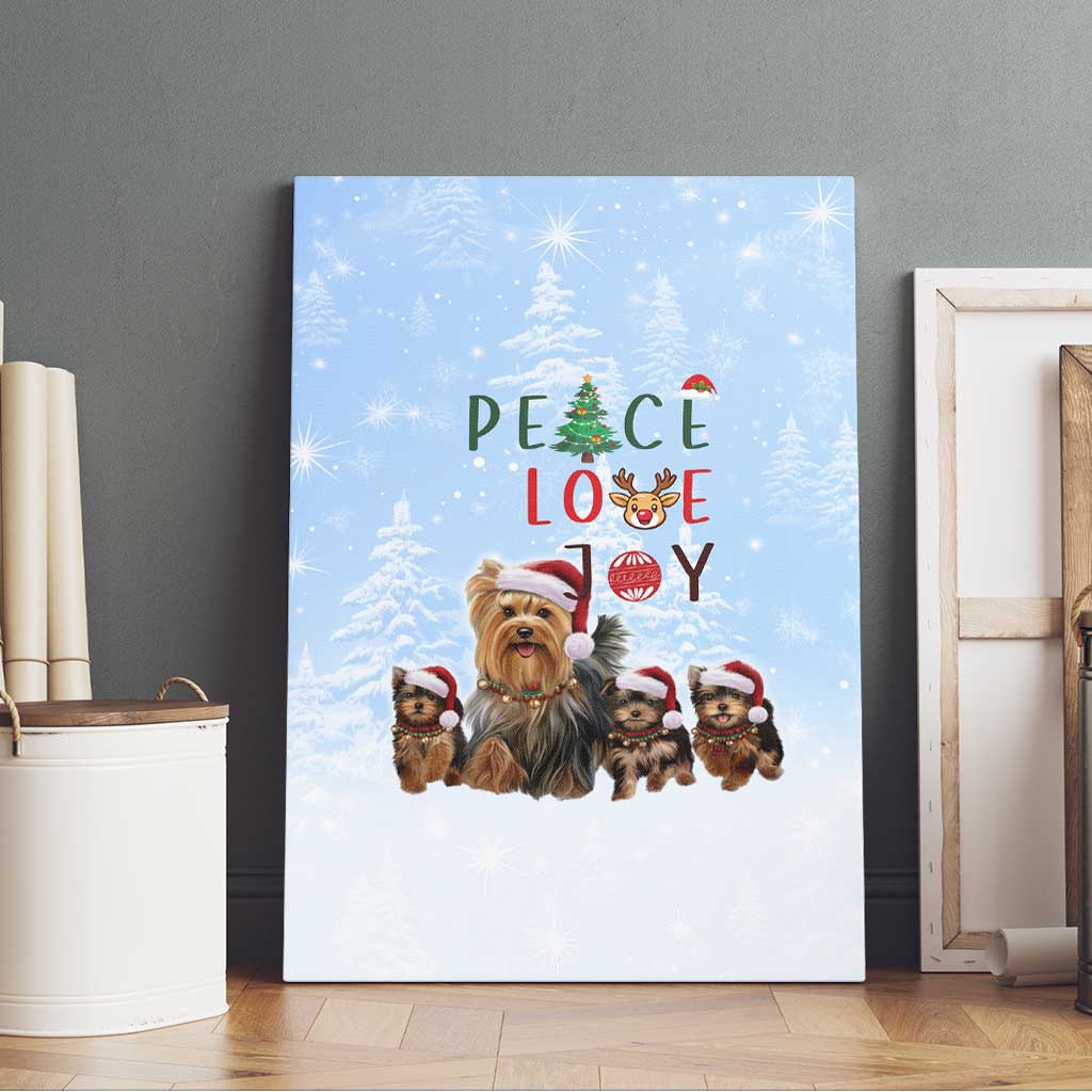 Yorkshire Terrier Dog Christmas Canvas Wall Art with Peace Love Joy Quote and Santa Hat Puppies in Snowy Winter Scene - Wonder Print Shop