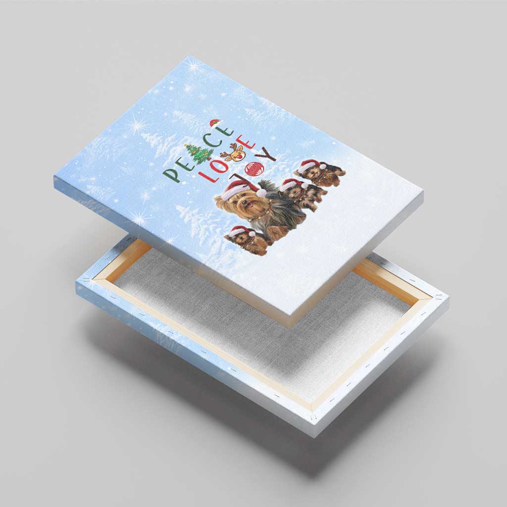 Yorkshire Terrier Dog Christmas Canvas Wall Art with Peace Love Joy Quote and Santa Hat Puppies in Snowy Winter Scene - Wonder Print Shop