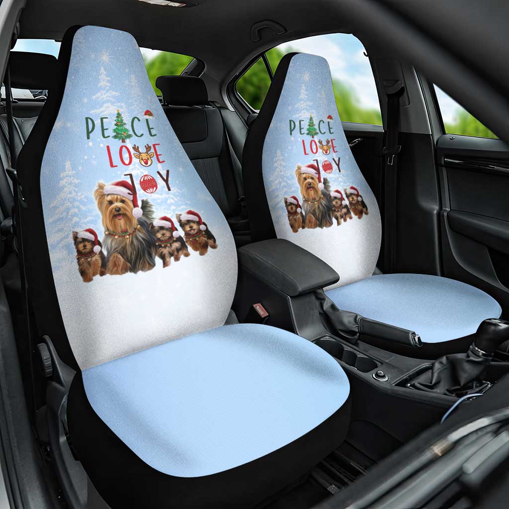 Yorkshire Terrier Dog Christmas Car Seat Cover with Peace Love Joy Quote and Santa Hat Puppies in Snowy Winter Scene - Wonder Print Shop