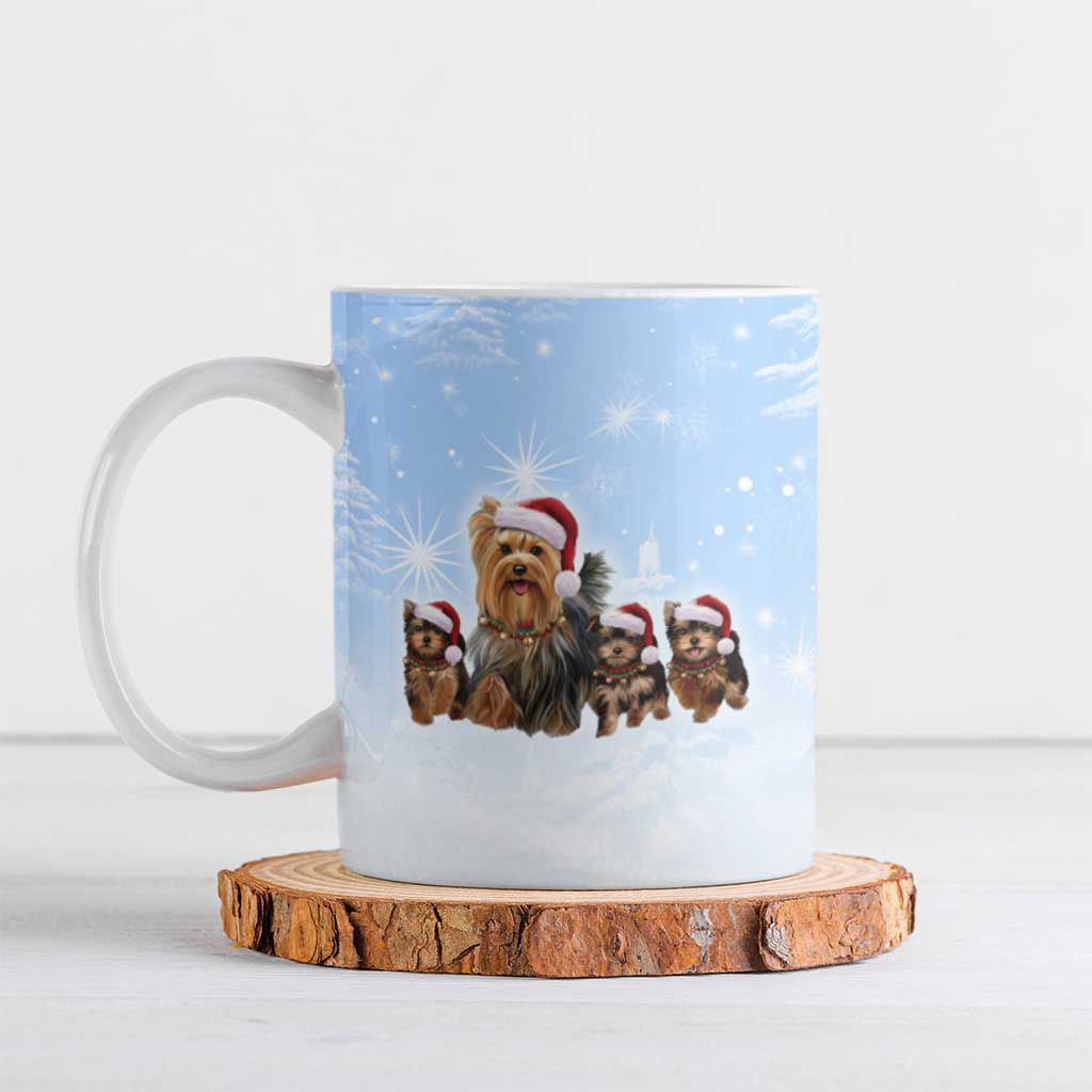 Yorkshire Terrier Dog Christmas Ceramic Mug with Peace Love Joy Quote and Santa Hat Puppies in Snowy Winter Scene - Wonder Print Shop