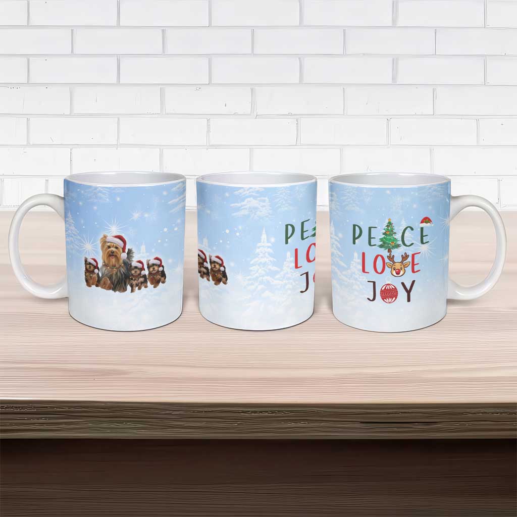 Yorkshire Terrier Dog Christmas Ceramic Mug with Peace Love Joy Quote and Santa Hat Puppies in Snowy Winter Scene - Wonder Print Shop