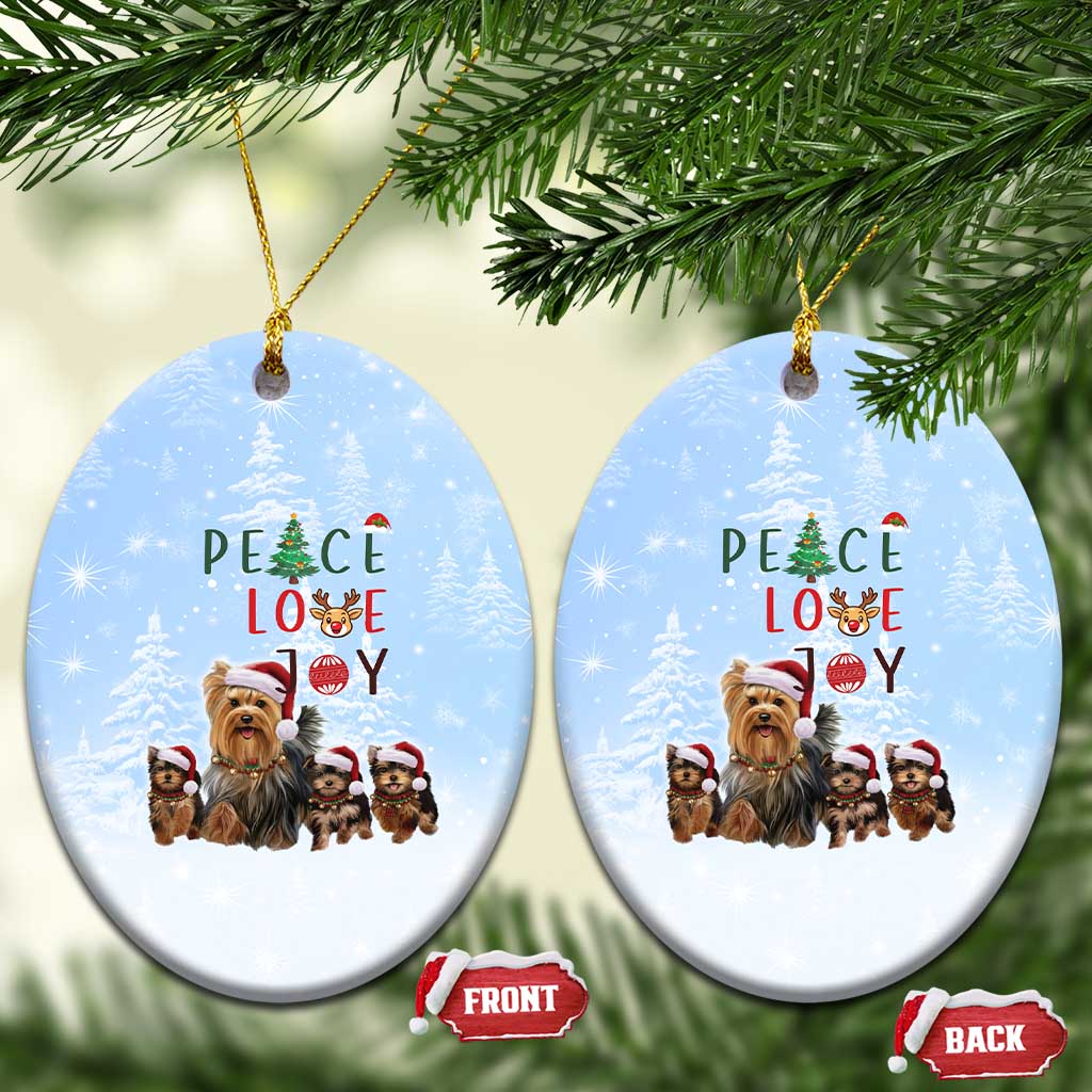Yorkshire Terrier Dog Christmas Ceramic Ornament with Peace Love Joy Quote and Santa Hat Puppies in Snowy Winter Scene - Wonder Print Shop