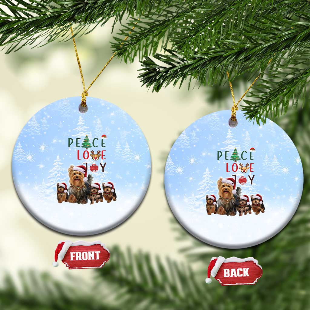 Yorkshire Terrier Dog Christmas Ceramic Ornament with Peace Love Joy Quote and Santa Hat Puppies in Snowy Winter Scene - Wonder Print Shop