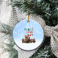 Yorkshire Terrier Dog Christmas Ceramic Ornament with Peace Love Joy Quote and Santa Hat Puppies in Snowy Winter Scene - Wonder Print Shop