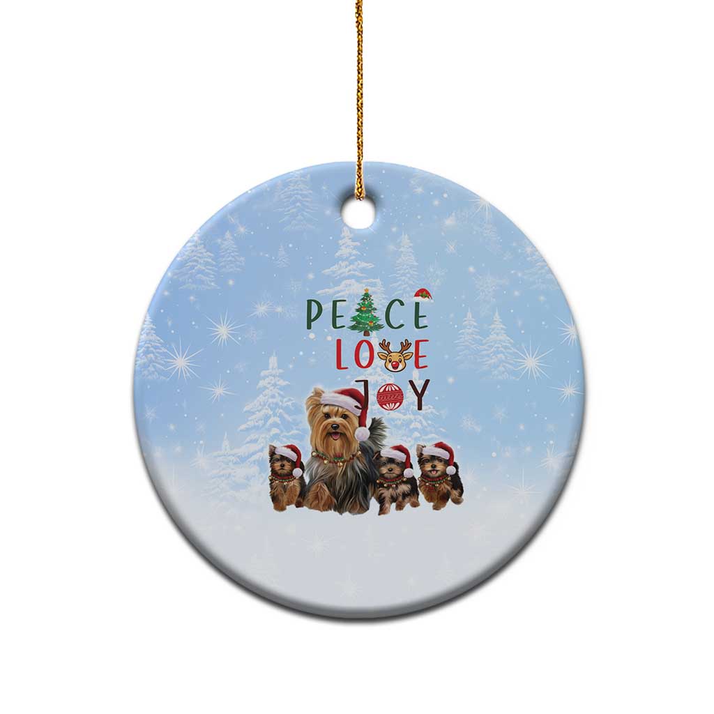 Yorkshire Terrier Dog Christmas Ceramic Ornament with Peace Love Joy Quote and Santa Hat Puppies in Snowy Winter Scene - Wonder Print Shop