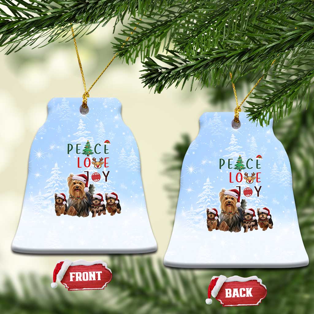 Yorkshire Terrier Dog Christmas Ceramic Ornament with Peace Love Joy Quote and Santa Hat Puppies in Snowy Winter Scene - Wonder Print Shop