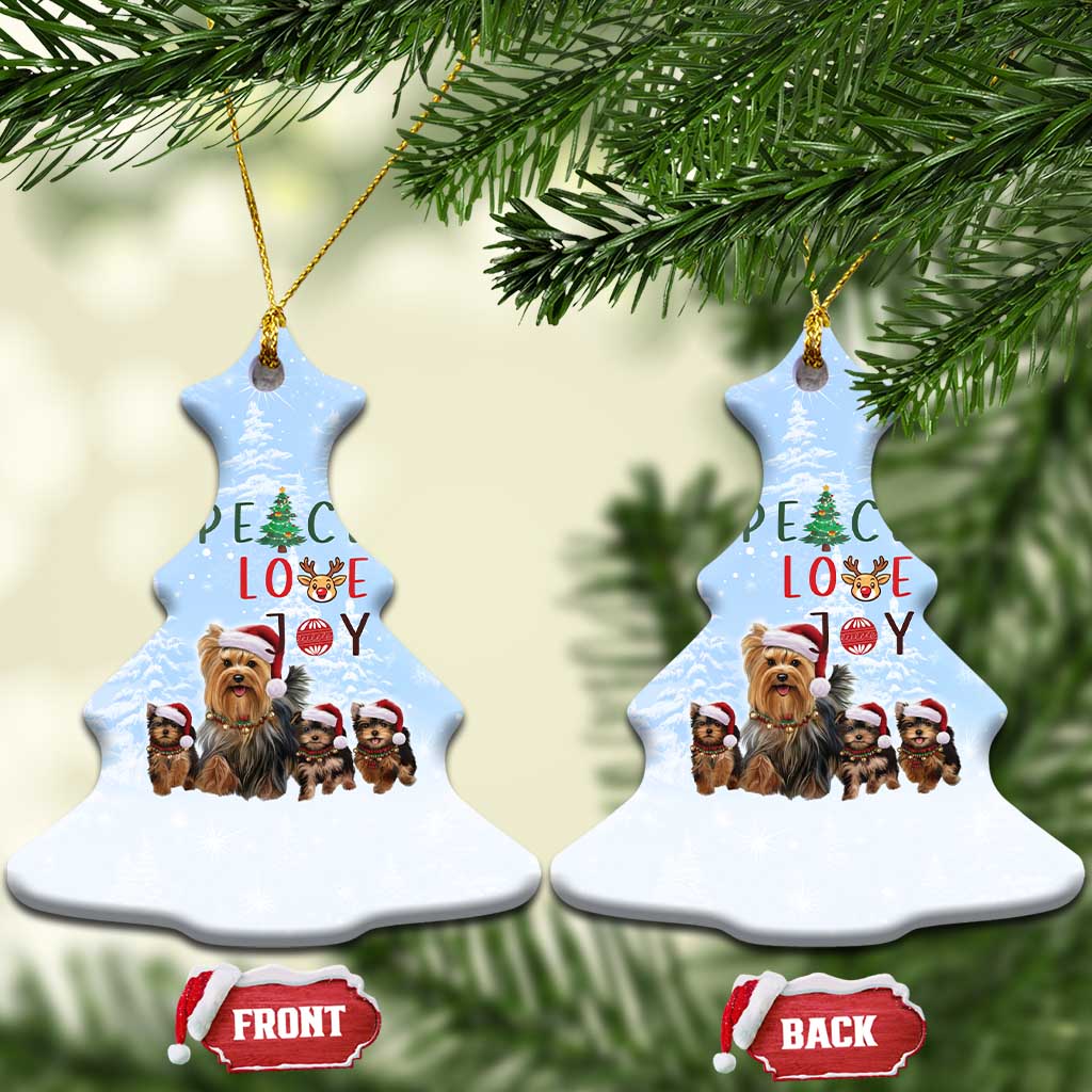 Yorkshire Terrier Dog Christmas Ceramic Ornament with Peace Love Joy Quote and Santa Hat Puppies in Snowy Winter Scene - Wonder Print Shop