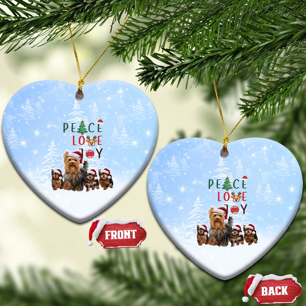 Yorkshire Terrier Dog Christmas Ceramic Ornament with Peace Love Joy Quote and Santa Hat Puppies in Snowy Winter Scene - Wonder Print Shop