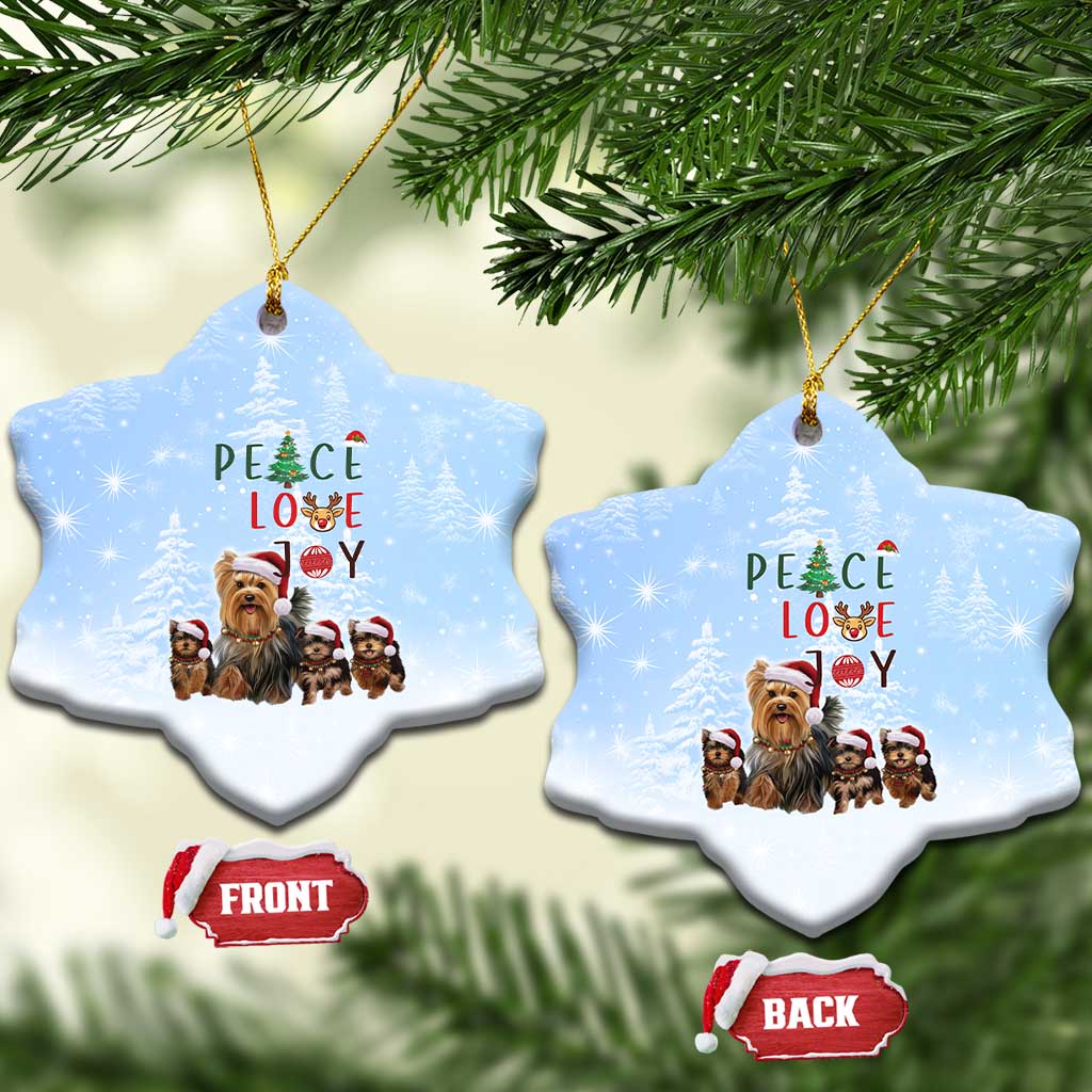 Yorkshire Terrier Dog Christmas Ceramic Ornament with Peace Love Joy Quote and Santa Hat Puppies in Snowy Winter Scene - Wonder Print Shop