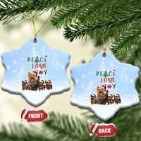 Yorkshire Terrier Dog Christmas Ceramic Ornament with Peace Love Joy Quote and Santa Hat Puppies in Snowy Winter Scene - Wonder Print Shop