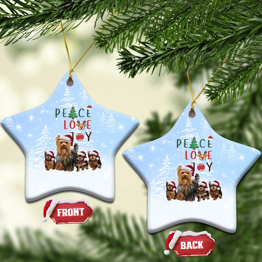 Yorkshire Terrier Dog Christmas Ceramic Ornament with Peace Love Joy Quote and Santa Hat Puppies in Snowy Winter Scene - Wonder Print Shop