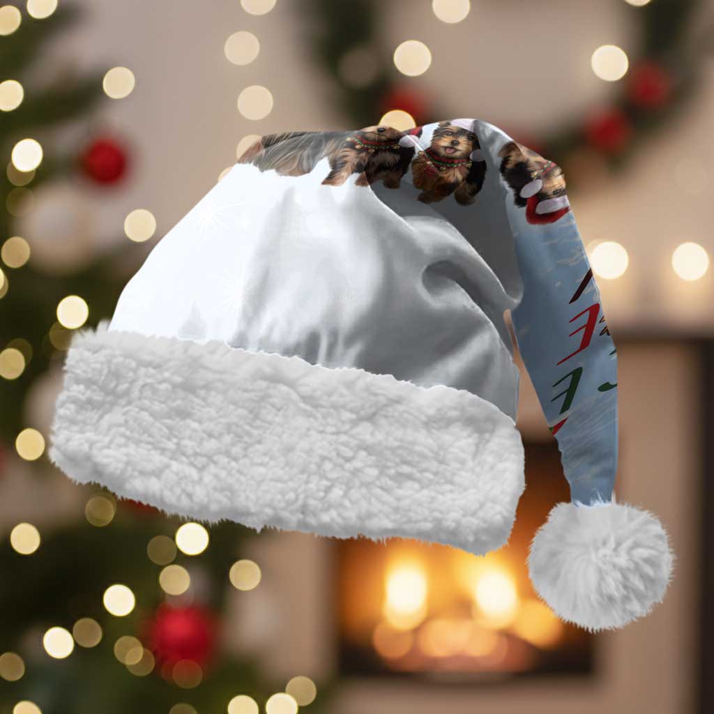 Yorkshire Terrier Dog Christmas Santa Hat with Peace Love Joy Quote and Santa Hat Puppies in Snowy Winter Scene - Wonder Print Shop