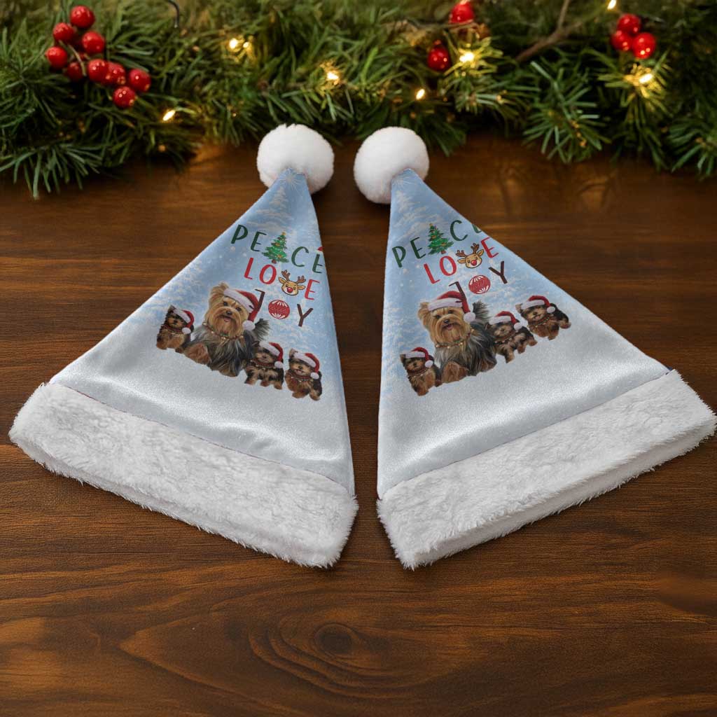 Yorkshire Terrier Dog Christmas Santa Hat with Peace Love Joy Quote and Santa Hat Puppies in Snowy Winter Scene - Wonder Print Shop