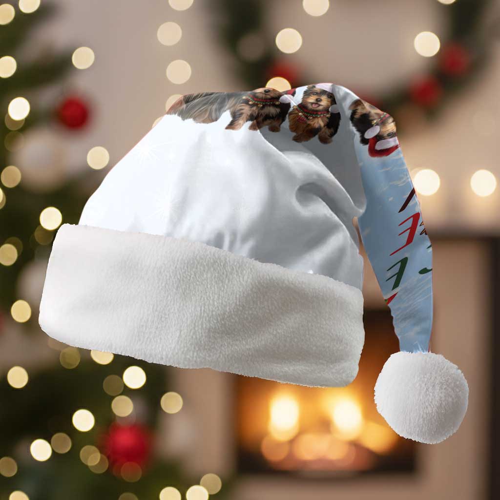 Yorkshire Terrier Dog Christmas Santa Hat with Peace Love Joy Quote and Santa Hat Puppies in Snowy Winter Scene - Wonder Print Shop