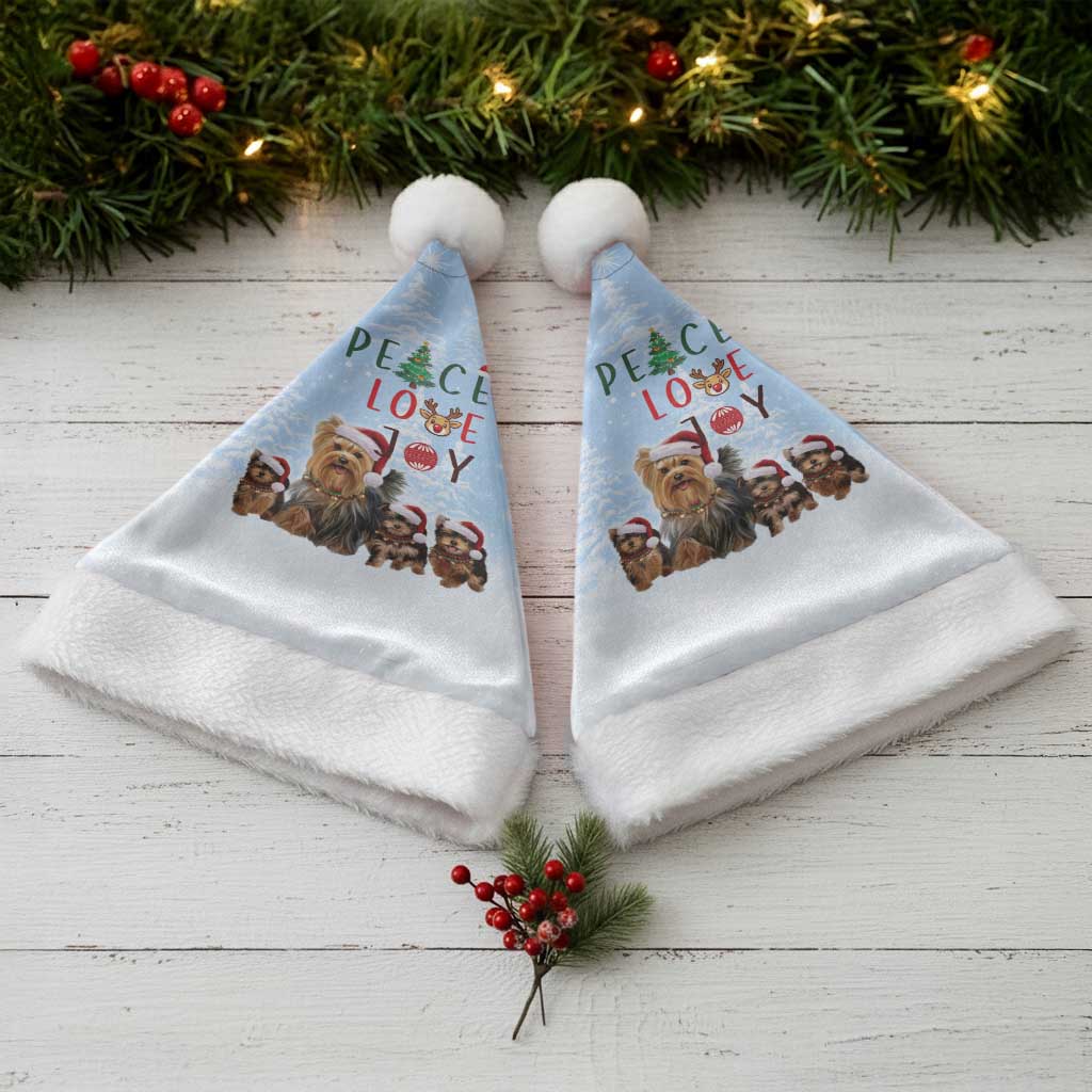 Yorkshire Terrier Dog Christmas Santa Hat with Peace Love Joy Quote and Santa Hat Puppies in Snowy Winter Scene - Wonder Print Shop
