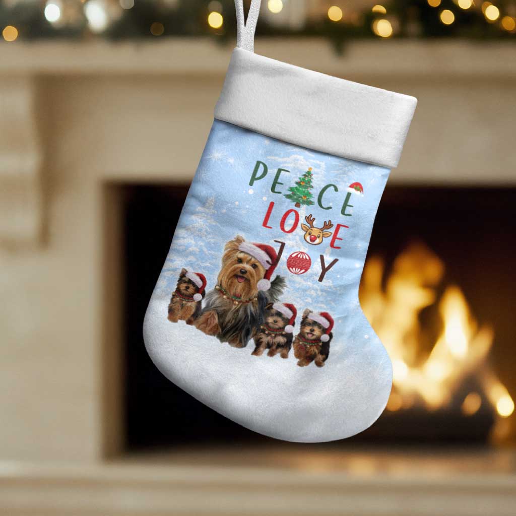 Yorkshire Terrier Dog Christmas Stocking with Peace Love Joy Quote and Santa Hat Puppies in Snowy Winter Scene - Wonder Print Shop