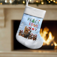 Yorkshire Terrier Dog Christmas Stocking with Peace Love Joy Quote and Santa Hat Puppies in Snowy Winter Scene - Wonder Print Shop