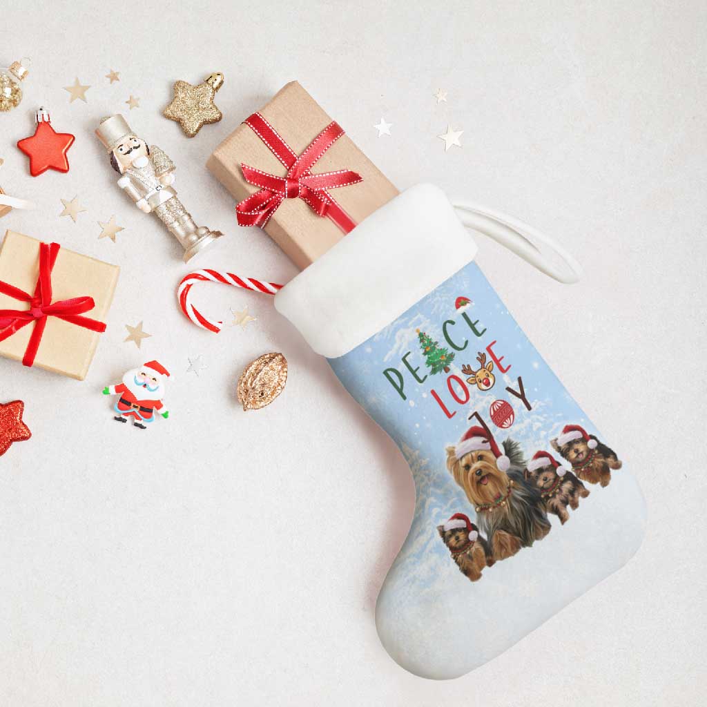 Yorkshire Terrier Dog Christmas Stocking with Peace Love Joy Quote and Santa Hat Puppies in Snowy Winter Scene - Wonder Print Shop