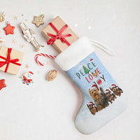 Yorkshire Terrier Dog Christmas Stocking with Peace Love Joy Quote and Santa Hat Puppies in Snowy Winter Scene - Wonder Print Shop