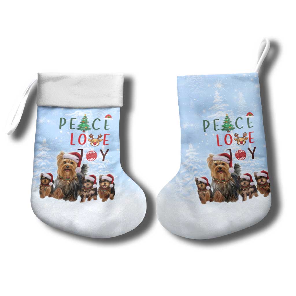 Yorkshire Terrier Dog Christmas Stocking with Peace Love Joy Quote and Santa Hat Puppies in Snowy Winter Scene - Wonder Print Shop