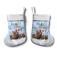 Yorkshire Terrier Dog Christmas Stocking with Peace Love Joy Quote and Santa Hat Puppies in Snowy Winter Scene - Wonder Print Shop