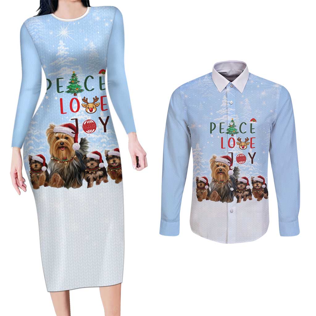 Yorkshire Terrier Dog Christmas Couples Matching Long Sleeve Bodycon Dress and Long Sleeve Button Shirt with Peace Love Joy Quote and Santa Hat Puppies in Snowy Winter Scene - Wonder Print Shop