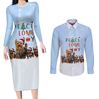 Yorkshire Terrier Dog Christmas Couples Matching Long Sleeve Bodycon Dress and Long Sleeve Button Shirt with Peace Love Joy Quote and Santa Hat Puppies in Snowy Winter Scene - Wonder Print Shop