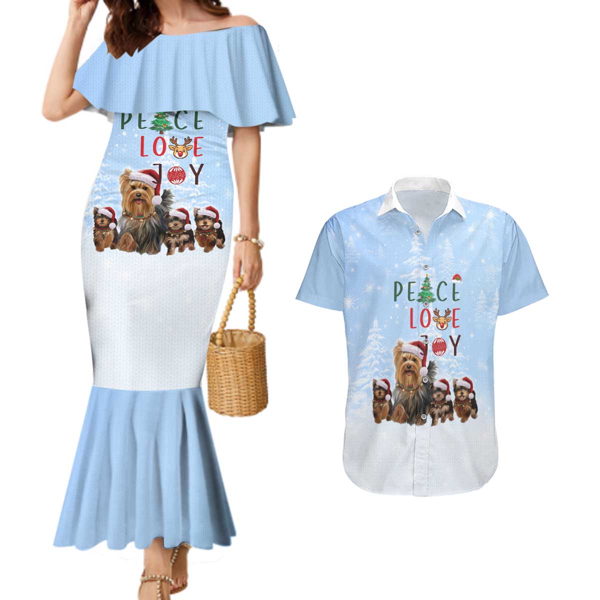 Yorkshire Terrier Dog Christmas Couples Matching Mermaid Dress and Hawaiian Shirt with Peace Love Joy Quote and Santa Hat Puppies in Snowy Winter Scene - Wonder Print Shop