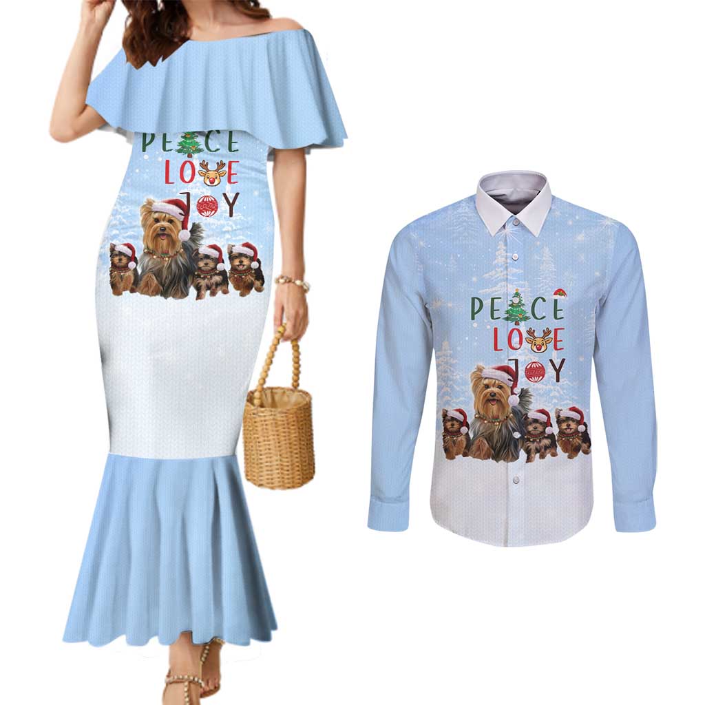 Yorkshire Terrier Dog Christmas Couples Matching Mermaid Dress and Long Sleeve Button Shirt with Peace Love Joy Quote and Santa Hat Puppies in Snowy Winter Scene - Wonder Print Shop
