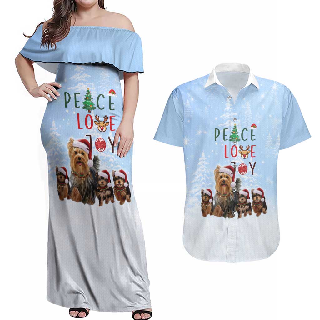 Yorkshire Terrier Dog Christmas Couples Matching Off Shoulder Maxi Dress and Hawaiian Shirt with Peace Love Joy Quote and Santa Hat Puppies in Snowy Winter Scene - Wonder Print Shop